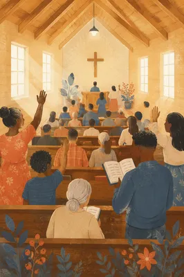 Diverse Congregation Worshiping in Sunlit Chapel