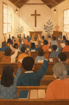 Diverse Congregation Worshiping in Sunlit Chapel