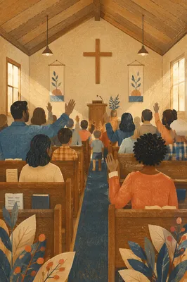 Diverse Congregation Worshiping in Wooden Chapel