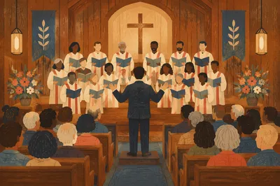 Diverse Congregation Worship in Warm Wooden Sanctuary