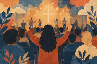 Diverse Congregation Worshiping in Warm Church Light