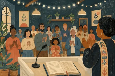 Diverse Congregation Worshiping in Warm Church Hall