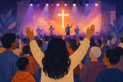 Diverse Congregation Worshipping Under Glowing Cross