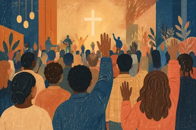 Diverse Congregation Worship Under Glowing Cross