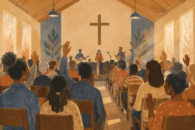 Diverse Congregation Worshiping in Sunlit Sanctuary