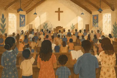 Diverse Congregation Worshiping in Warm Chapel