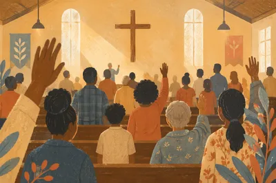 Diverse Congregation Worshiping in Sunlit Sanctuary