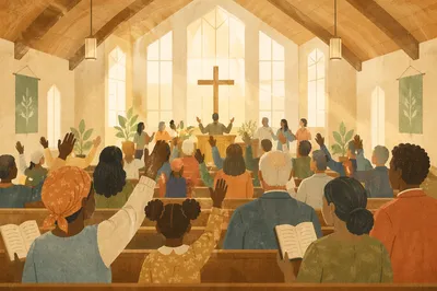 Diverse Congregation Worshiping in Sunlit Sanctuary