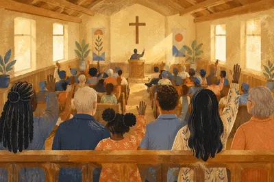 Diverse Congregation Worshiping in Sunlit Chapel