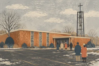 Diverse Worshippers Outside Modest Urban Church
