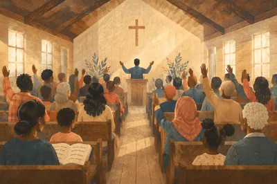 Diverse Congregation Worshiping in Wooden Chapel