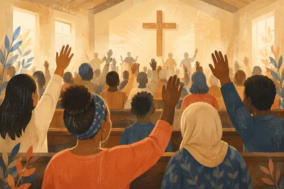 Diverse Congregation Worshiping in Morning Light