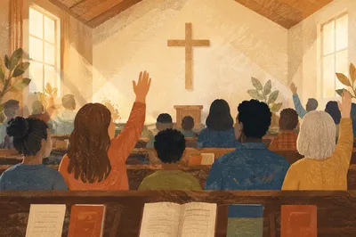 Diverse Congregation Worshiping in Sunlit Chapel