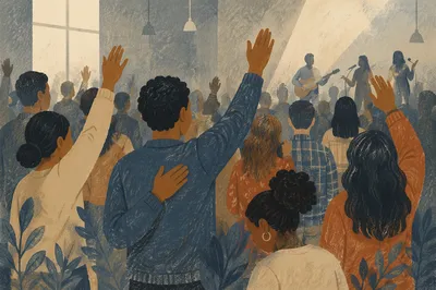 Diverse Congregation Worshiping in Modern Church