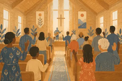Diverse Congregation Worshiping in Sunlit Sanctuary