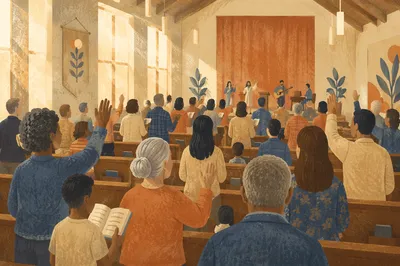 Diverse Congregation Worshiping in Morning Light