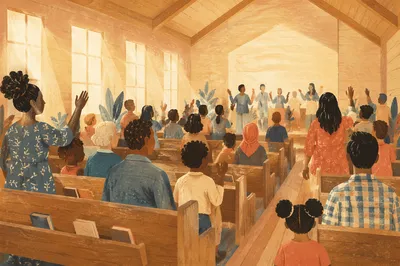 Diverse Congregation Worshiping in Wooden Sanctuary