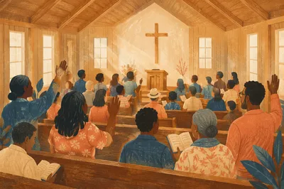 Diverse Congregation Worshiping in Sunlit Chapel