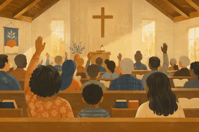 Diverse Congregation Worshiping in Wooden Chapel