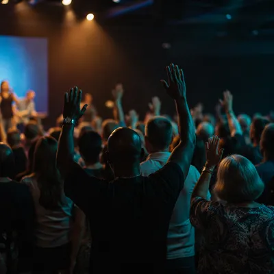 Diverse Congregation Worshiping in Warm Auditorium Light