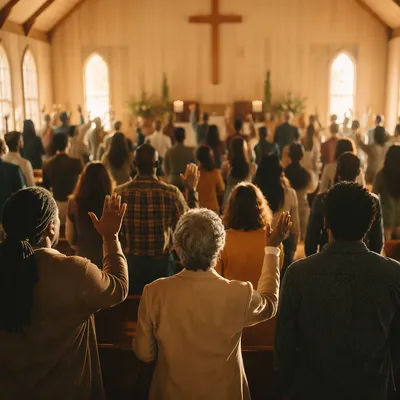 Diverse Congregation Worshiping in Sunlit Chapel