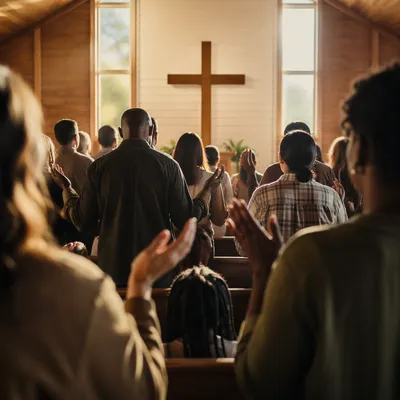 Diverse Congregation Worshiping in Wooden Chapel