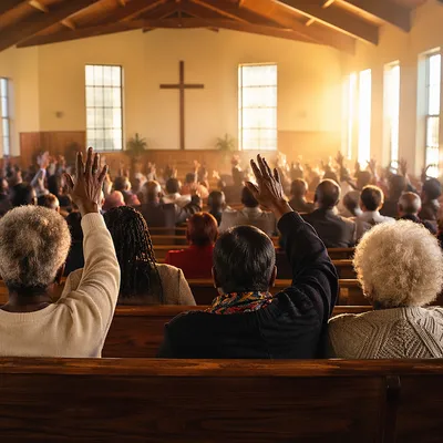 Diverse Congregation Worshiping in Sunlit Chapel