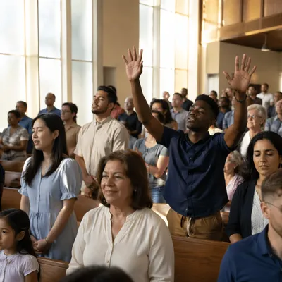 Diverse Congregation Worship in Modern Sanctuary