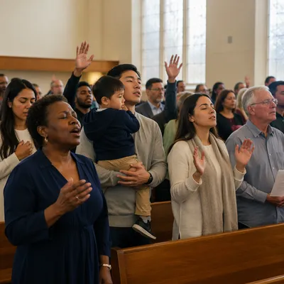 Diverse Church Congregation Worship in Sanctuary