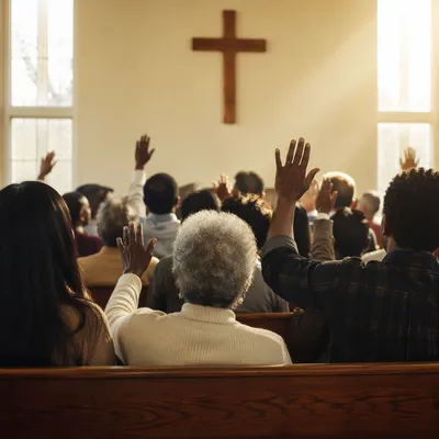 Diverse Congregation Worshiping in Sunlit Chapel