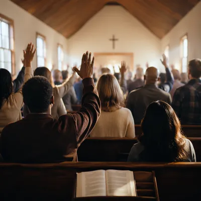 Diverse Congregation Worshiping in Wooden Chapel