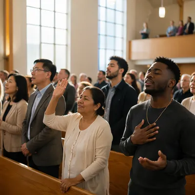 Diverse Congregation Worshipping in Bright Sanctuary
