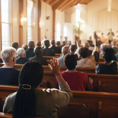 Diverse Congregation Worshiping in Wooden Sanctuary