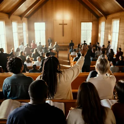 Diverse Congregation Worshiping in Sunlit Chapel