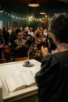 Diverse Congregation Worshiping in Warm Church Hall