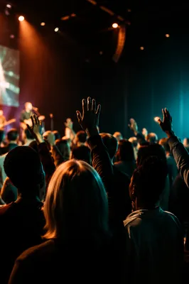 Diverse Congregation Worshiping in Warm Auditorium Light