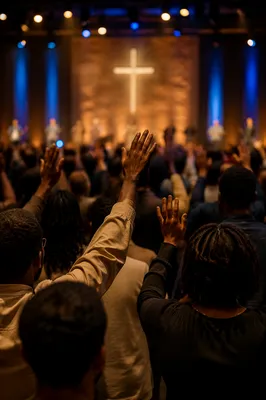 Diverse Congregation Worshiping Before Glowing Cross
