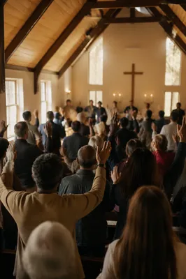 Diverse Congregation Worshiping in Sunlit Chapel