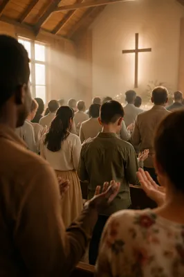 Diverse Congregation Worshiping in Wooden Chapel