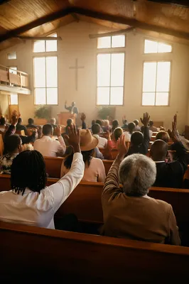 Diverse Congregation Worshiping in Sunlit Chapel