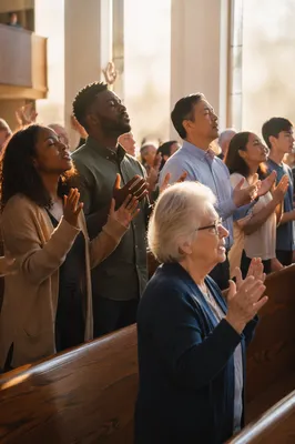Diverse Congregation Worship in Morning Light