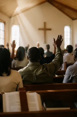 Diverse Congregation Worshiping in Sunlit Chapel