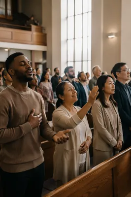 Diverse Congregation Worshipping in Bright Sanctuary