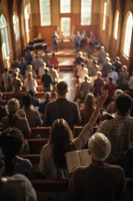 Diverse Congregation Worshiping in Wooden Sanctuary