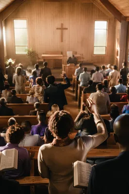 Diverse Congregation Worshiping in Sunlit Chapel