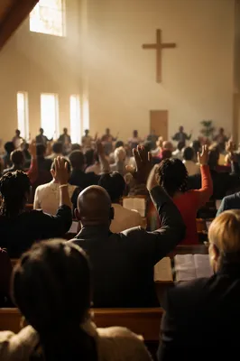 Diverse Congregation Worshiping in Sunlit Chapel