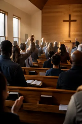 Diverse Congregation Worshiping in Wooden Chapel