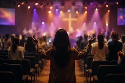 Diverse Congregation Worshiping in Modern Church
