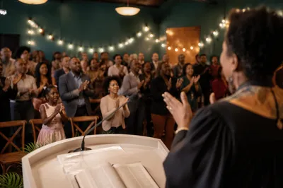 Diverse Congregation Worshiping in Warm Church Hall