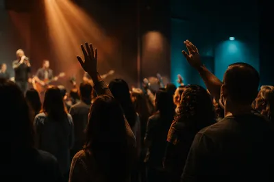 Diverse Congregation Worshiping in Warm Auditorium Light